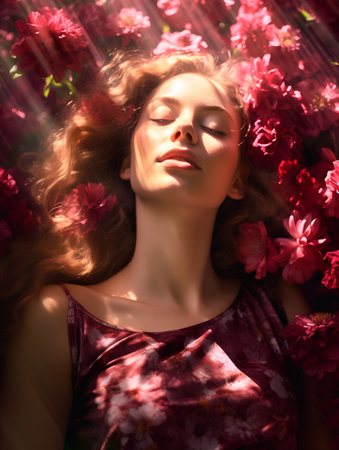 Portrait of a beautiful young woman with red flowers. Beauty, fashion.の素材