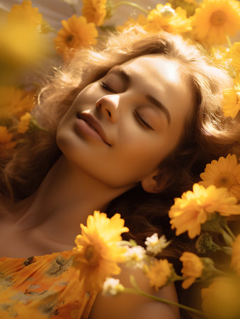 Beautiful young woman with yellow flowers lying on the floor. Beauty, fashion.の素材
