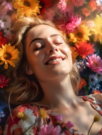 Portrait of a beautiful young woman lying on a floral background.の素材