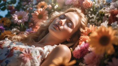 Beautiful young woman lying among flowers. Beauty, fashion concept.の素材