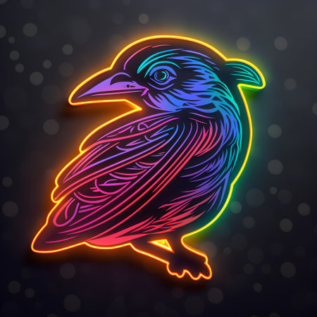 Vector illustration of a raven in neon style on a dark background.の素材
