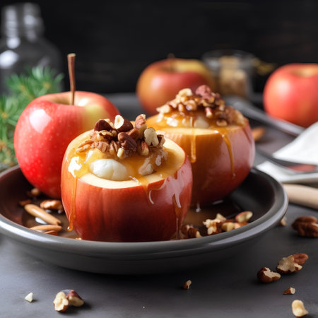 Baked apples with caramelized apples, nuts and honey on dark backgroundの素材