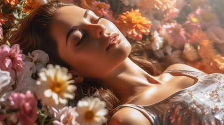 Beautiful young woman lying among flowers. Beauty, fashion concept.の素材