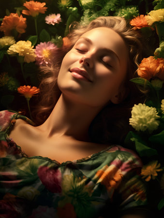 Portrait of a beautiful young woman lying among flowers. Beauty, fashion.の素材