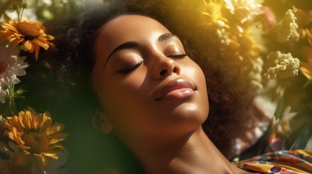 Beautiful african american young woman with closed eyes lying among flowersの素材