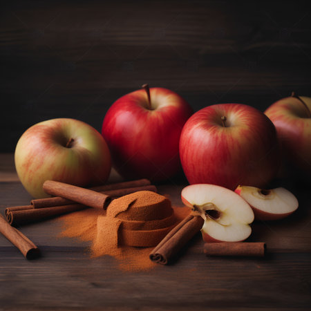 Red apples and cinnamon sticks on wooden background. Healthy food concept.の素材