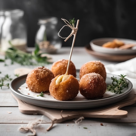 Fried cheese balls with thyme, selective focus, square imageの素材