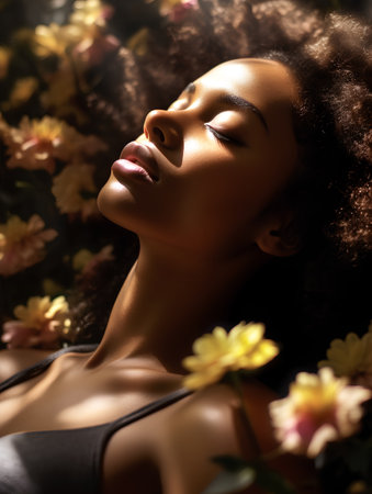 Beauty portrait of young african american woman with flowers.の素材