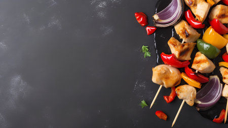 Chicken kebab on skewers with vegetables. Top view with copy spaceの素材