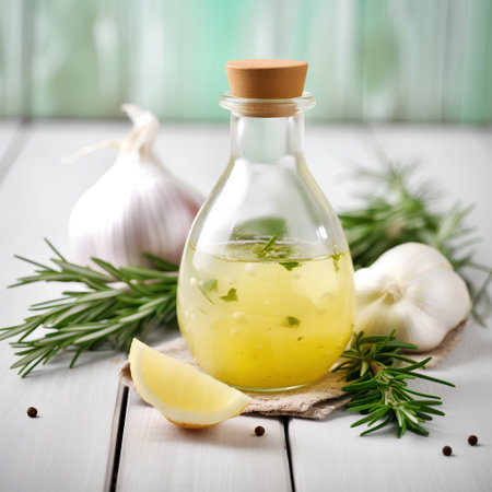 garlic oil with rosemary and lemon on a white wooden backgroundの素材