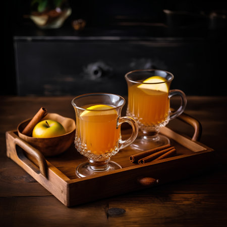 Cup of hot tea with lemon and cinnamon on a wooden trayの素材