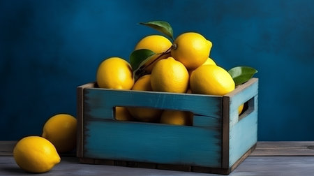 Fresh lemons in a wooden box on a dark blue background.の素材