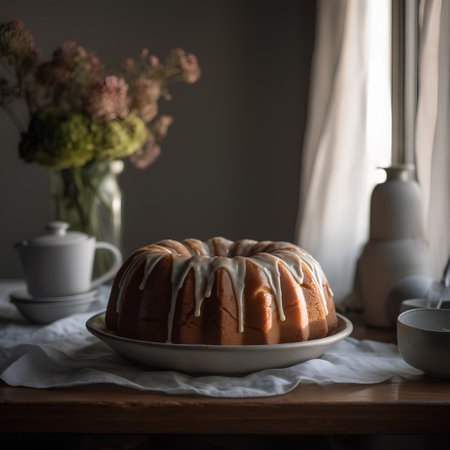 Homemade bundt cake with sugar glaze on a wooden table.の素材