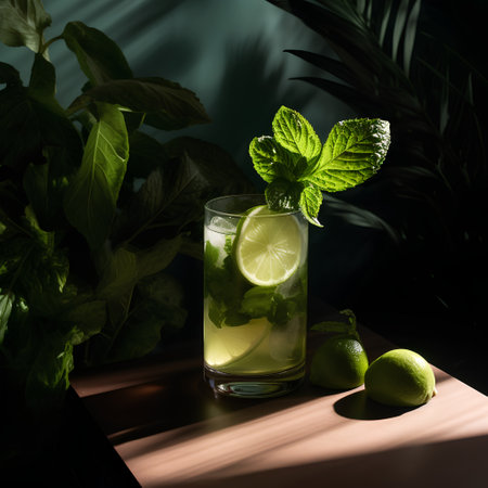 Mojito cocktail with lime, mint and ice on a dark backgroundの素材
