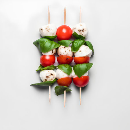 Caprese salad on skewers with tomatoes, mozzarella cheese and basil leaves on white background, top viewの素材