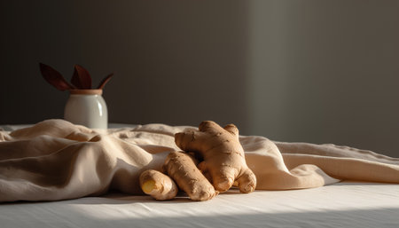 Ginger root on the bed in the morning light with copy spaceの素材