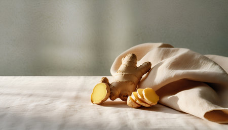 Ginger root and ginger slices on white fabric, copy space.の素材