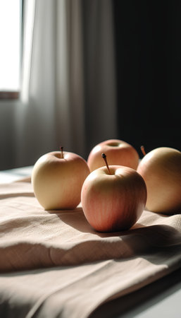 Still life with apples on linen tablecloth in sunlight. Selective focus.の素材