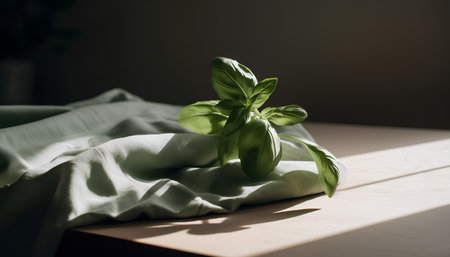 Fresh basil leaves on a bed with sunlight. Selective focus.の素材