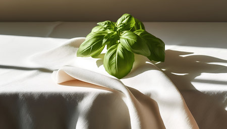 Fresh basil leaves on a white tablecloth, lit by sunlight.の素材