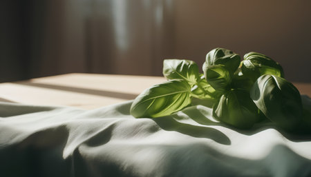 Fresh basil leaves on a bed in sunlight. Selective focus.の素材