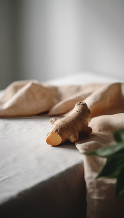 Ginger root on white linen tablecloth. Selective focus.の素材
