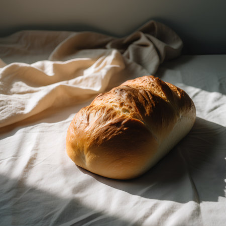 Freshly baked loaf of bread on the bed in the morning.の素材