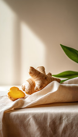 Fresh ginger root on a white tablecloth. Healthy lifestyle concept.の素材