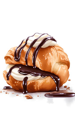 Chocolate croissant with cream on white background. Vector illustration.の素材