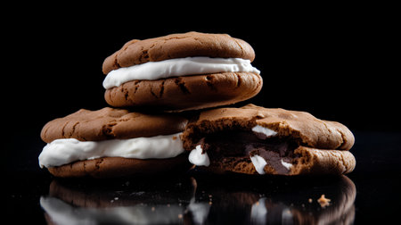Chocolate cookies with whipped cream on a black background. Selective focus.の素材