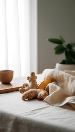 Ginger tea and ginger root on the bed in the room.の素材