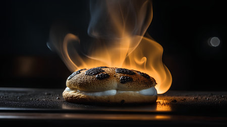 Burnt sesame bun with white glaze on a dark backgroundの素材