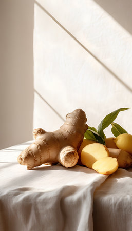 Fresh ginger and ginger root on white linen tablecloth with sunlight.の素材