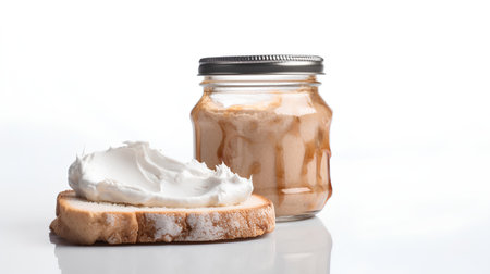 Creamy peanut butter in jar and sandwich on white background.の素材