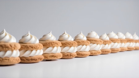 A row of shortbread cookies on a white background. Shallow depth of fieldの素材