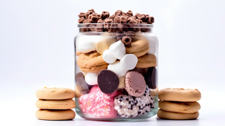 Close up of a glass jar full of sweets on white background.の素材