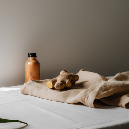bottle with ginger oil, soap and towel on table on grey backgroundの素材