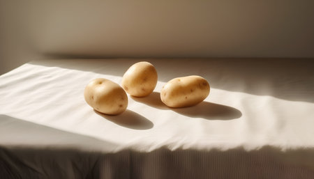 Three fresh potatoes on a white tablecloth with shadows from the sunの素材