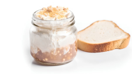 Cottage cheese in a glass jar with bread on a white backgroundの素材