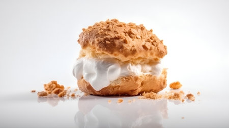 Cream puff with whipped cream on a white background, close-upの素材