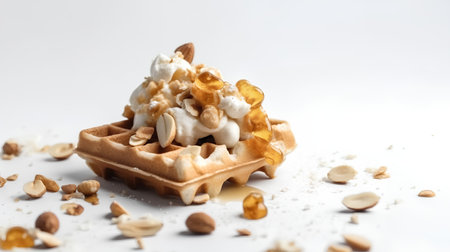 Waffle with whipped cream and nuts on a white background, selective focusの素材