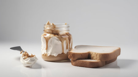 Creamy peanut butter in a glass jar and sliced bread on white backgroundの素材