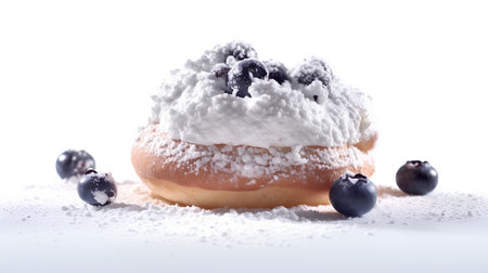 Donut with blueberries and powdered sugar on a white background.の素材