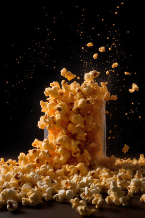 Popcorn falling into a glass on a dark background. Motion.の素材
