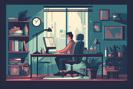 Freelancer working at home office. Freelance, remote work, freelance. Vector illustration.の素材