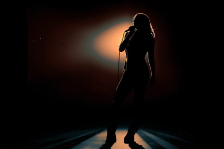 Singer woman with microphone on stage. 3D render illustration.の素材