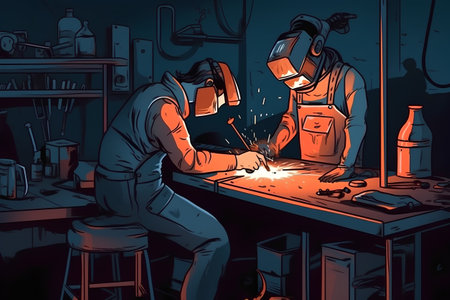 Welder working in a workshop. Vector illustration in cartoon style.の素材