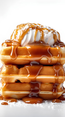Belgian waffles with caramel sauce on white background, closeupの素材