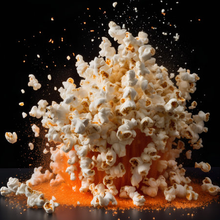 Popcorn explosion isolated on black background. 3d rendering, 3d illustration.の素材