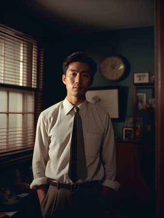 Portrait of a young Asian businessman standing in office and looking at cameraの素材